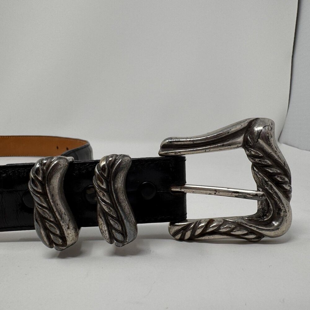 Vintage ONYX 19403 Black Leather Belt Size 28 Marked 1993 90s Silver Buckle Tip - Picture 3 of 14